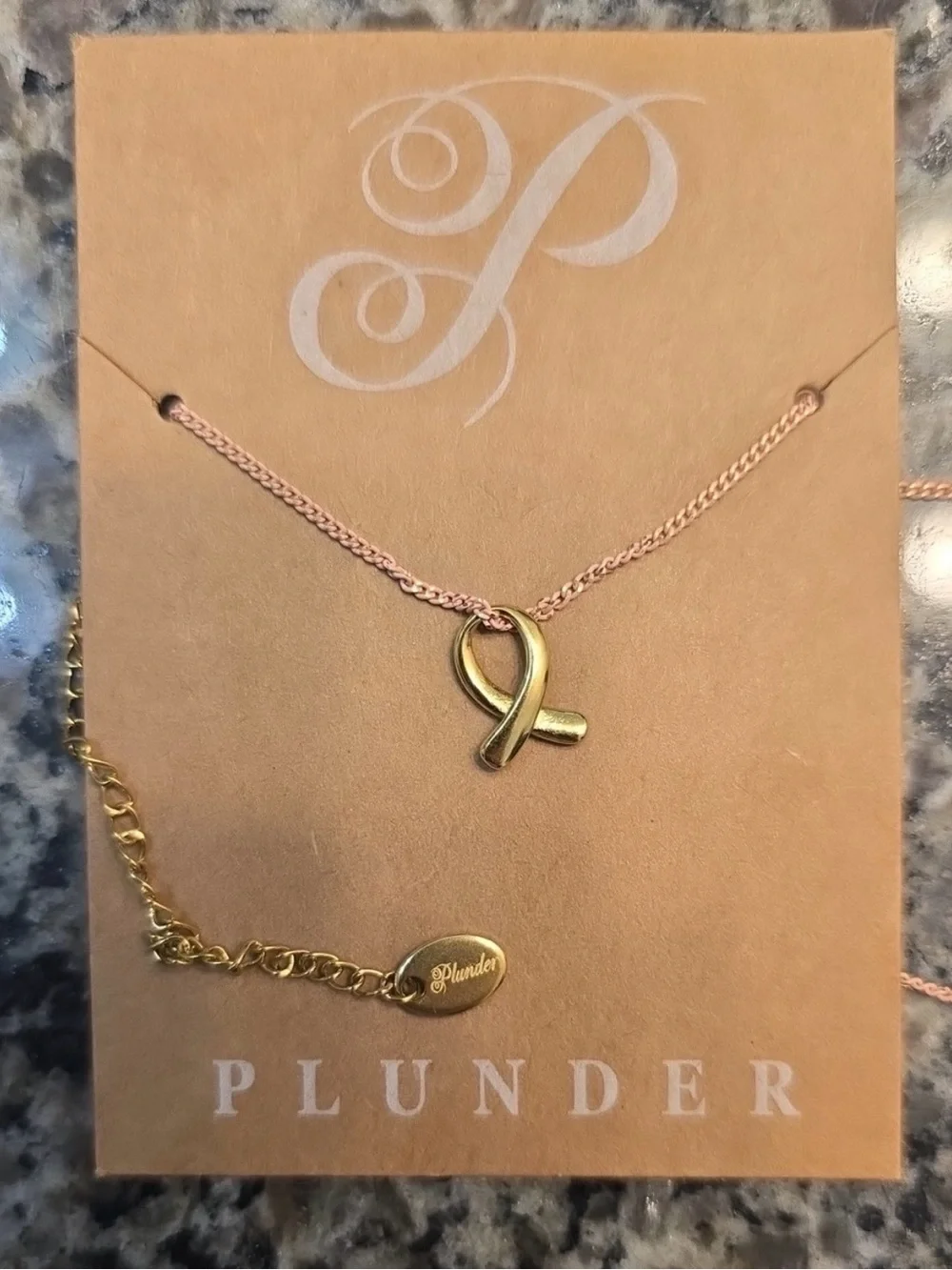 Plunder Courage Necklace Gold Ribbon Pendant Pink Chain Breast Cancer Awareness